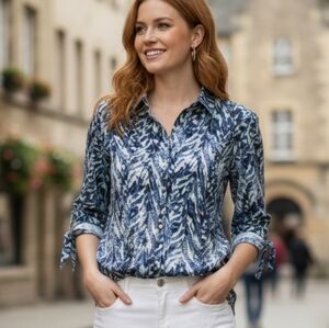 JM Collection Blue and White Linen Shirt Size 12